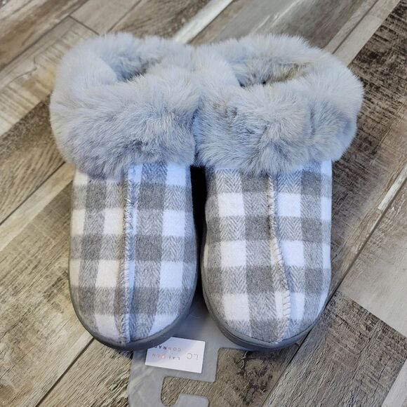 New Lauren Conrad Cozy Plaid Faux Fur Clog Slippers Size Small 6-7 - Picture 2 of 5
